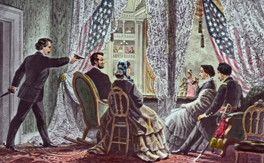Color painted of John Wilkes Booth aiming a gun at Lincoln's head as other's watch a play.