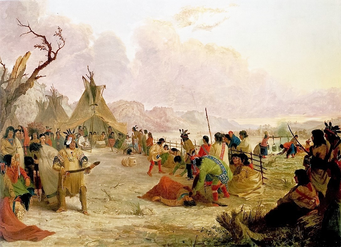 Painting of the Wakan Wacipi, a holy dance of the Dakota peoples, taking place in a village.
